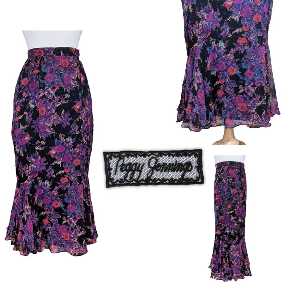 Vtg. PEGGY JENNINGS Silk Chiffon Maxi Skirt with Flounce Made in USA